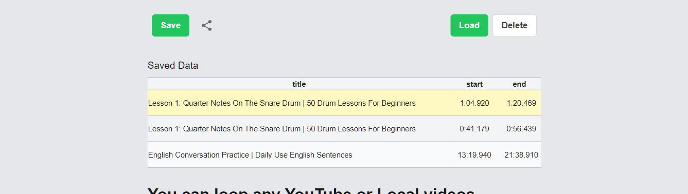 Click Save to add the loop to Saved Data, or use the share button to copy a shareable URL